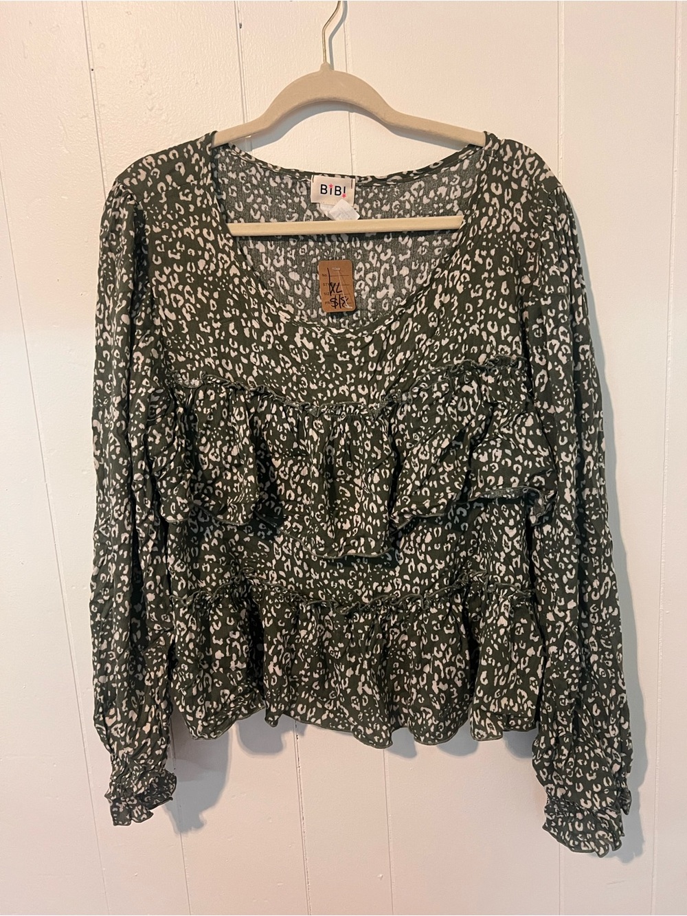 BiBi Olive Green Leopard-Print Ruffle Long-Sleeve Blouse